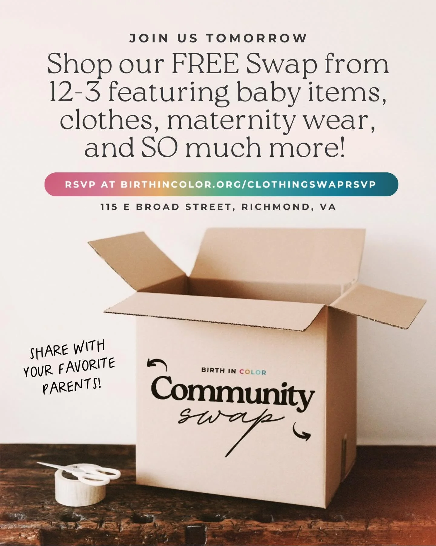 🗣️TOMORROW!! RSVP STAT!

ABOUT THE EVENT
We know our community outgrows clothing FAST. Families are encouraged to bring up to 2 medium bags of gently used kids&rsquo; items ahead of the swap &mdash; like clothing, toys, books, baby gear. Our volunte