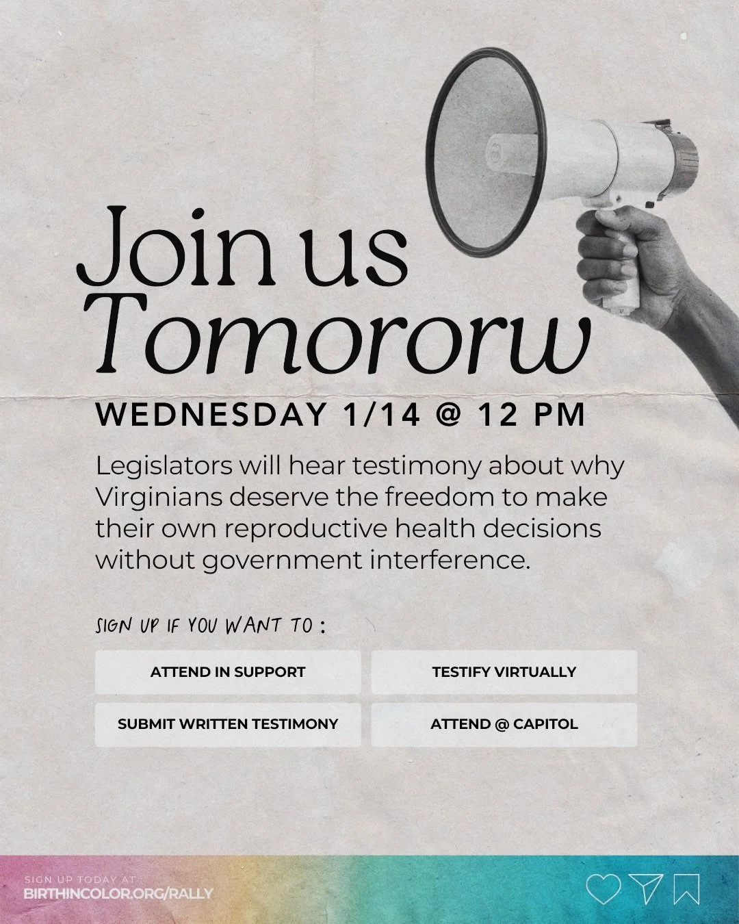 🚨 JOIN US TOMORROW!!!
Wednesday, January 14 | Virginia State Capitol

Participate in many ways including:
✅ Testifying in person (arrive at noon)
✅ Testifying virtually &rarr; tinyurl.com/vrfvoices
✅ Submit written testimony
✅ Attend as a supporter
