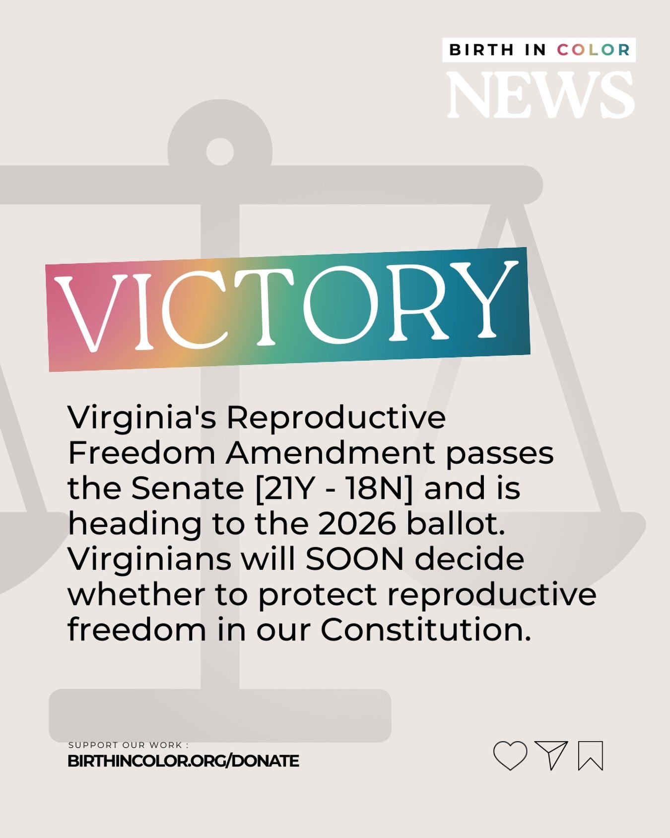 ✨ VIRGINIA, WE MADE HISTORY!!!!!!

The Reproductive Freedom Amendment just passed the Virginia Senate 21-18, clearing the final legislative hurdle.

This is HUGE for reproductive justice in Virginia.

WHAT THIS MEANS:
In November 2026, Virginians wil