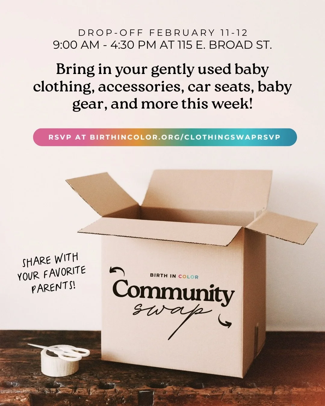 ✨ BABY SWAP IS THIS SATURDAY! 👶🏽

Saturday, Feb 14, 2026
12-3 PM | Richmond, VA

FREE EVENT &mdash; Register now: 
🔗 https://birthincolor.org/clothingswaprsvp

Your baby outgrew those onesies in approximately 5 minutes. Another family needs them. 