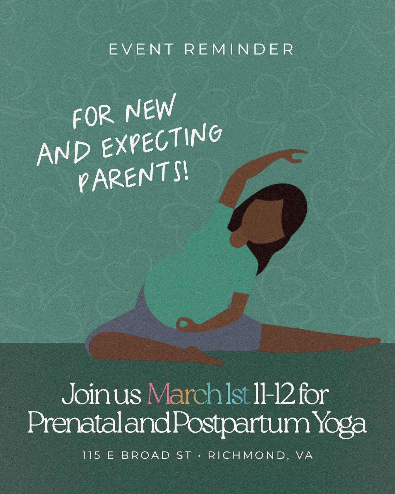 🧘🏾&zwj;♀️ Your body is about to (or just carried) a whole human. The LEAST we can do is stretch.

Join us March 1st at 11 AM in Richmond, VA for FREE Prenatal &amp; Postpartum Yoga led by Doula Tyanna Haynes &mdash; gentle movement, real breathwork