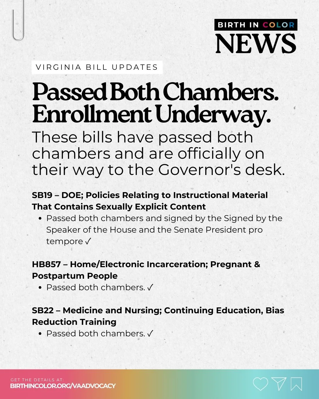 Seven bills. Multiple chambers. One goal &mdash; protecting families and individuals in Virginia. 👏🏽 The legislative session is in its final stages and we are watching every move.

Stay informed, stay engaged, and keep pushing with us.
🔗 More at: 