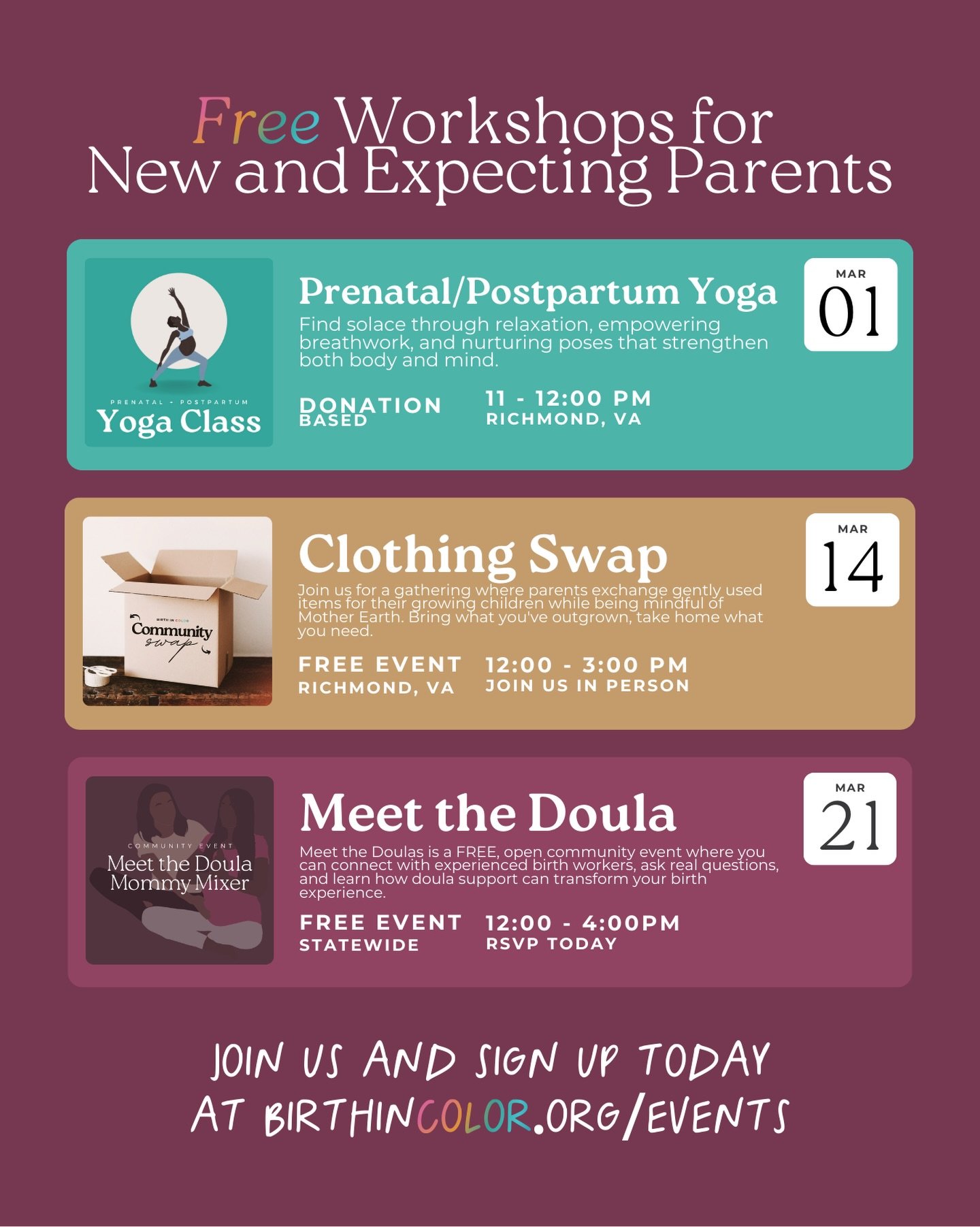 🌈✨ Visit birthincolor.org/events to save your spot for these FREE community offerings!! 

Featuring Yoga this Sunday in RVA + &lsquo;Meet the Doula&rsquo; Mommy Mixer hosted in cities all across VA! Make your own belly cast with us + connect to colo