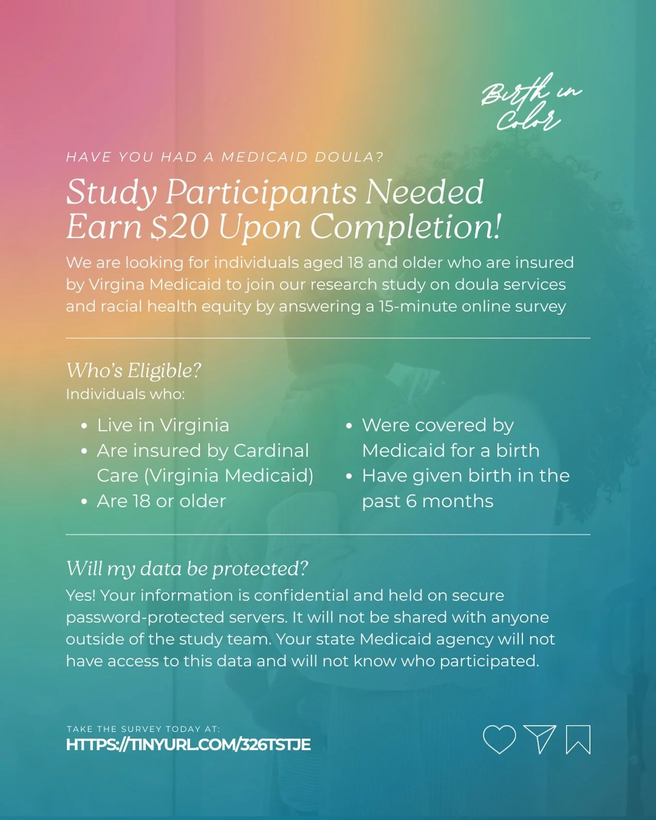 Have you had a Medicaid doula? We need to hear from YOU.

Birth in Color has partnered with AcademyHealth, the University of Pittsburgh, and Virginia Commonwealth University on Project DREAM (Doula Research for Equitable Advances in Medicaid Pregnanc