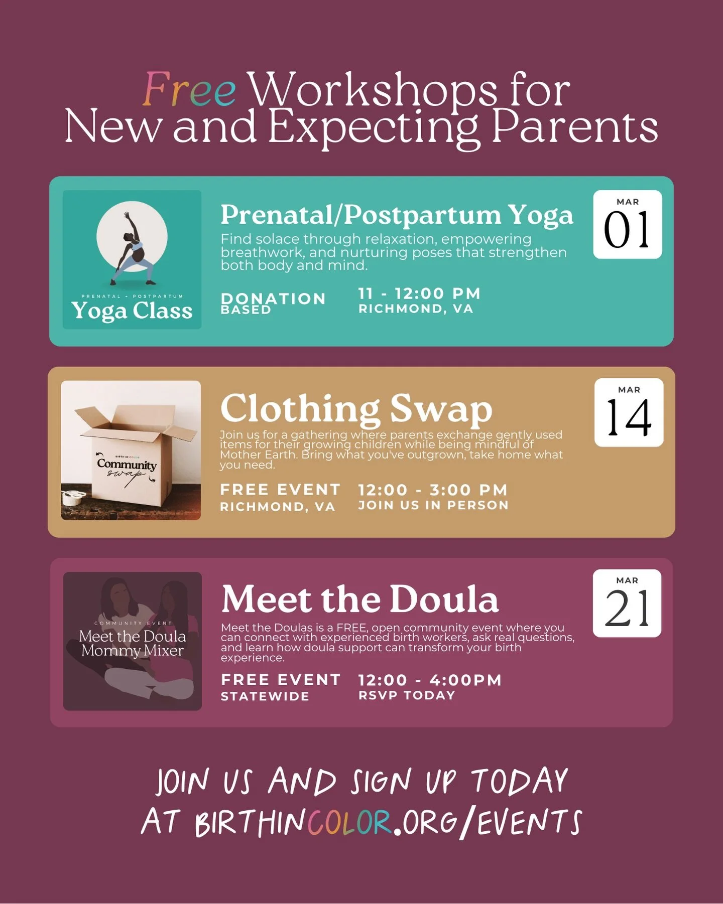🌈✨ Visit birthincolor.org/events to save your spot for these FREE community offerings!! 

Featuring Yoga this Sunday in RVA + &lsquo;Meet the Doula&rsquo; Mommy Mixer hosted in cities all across VA! Make your own belly cast with us + connect to colo