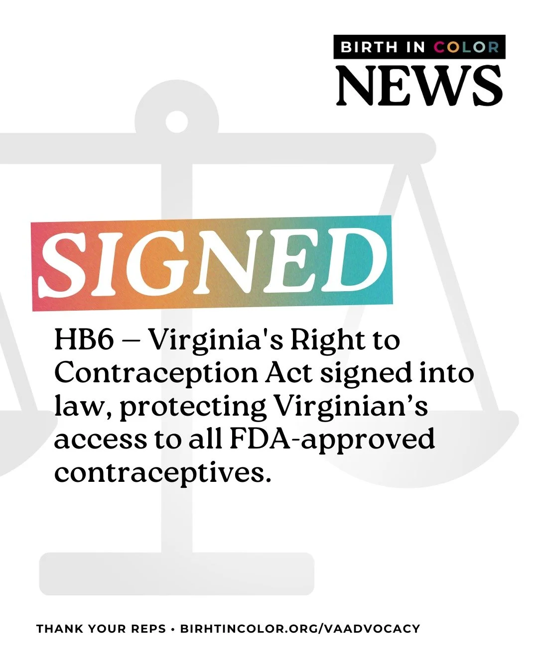 HB6 &mdash; Virginia's Right to Contraception Act &mdash; has been signed into law. 💗

This means every Virginian now has a protected statutory right to obtain contraceptives and access contraception &mdash; and health care providers have the right 