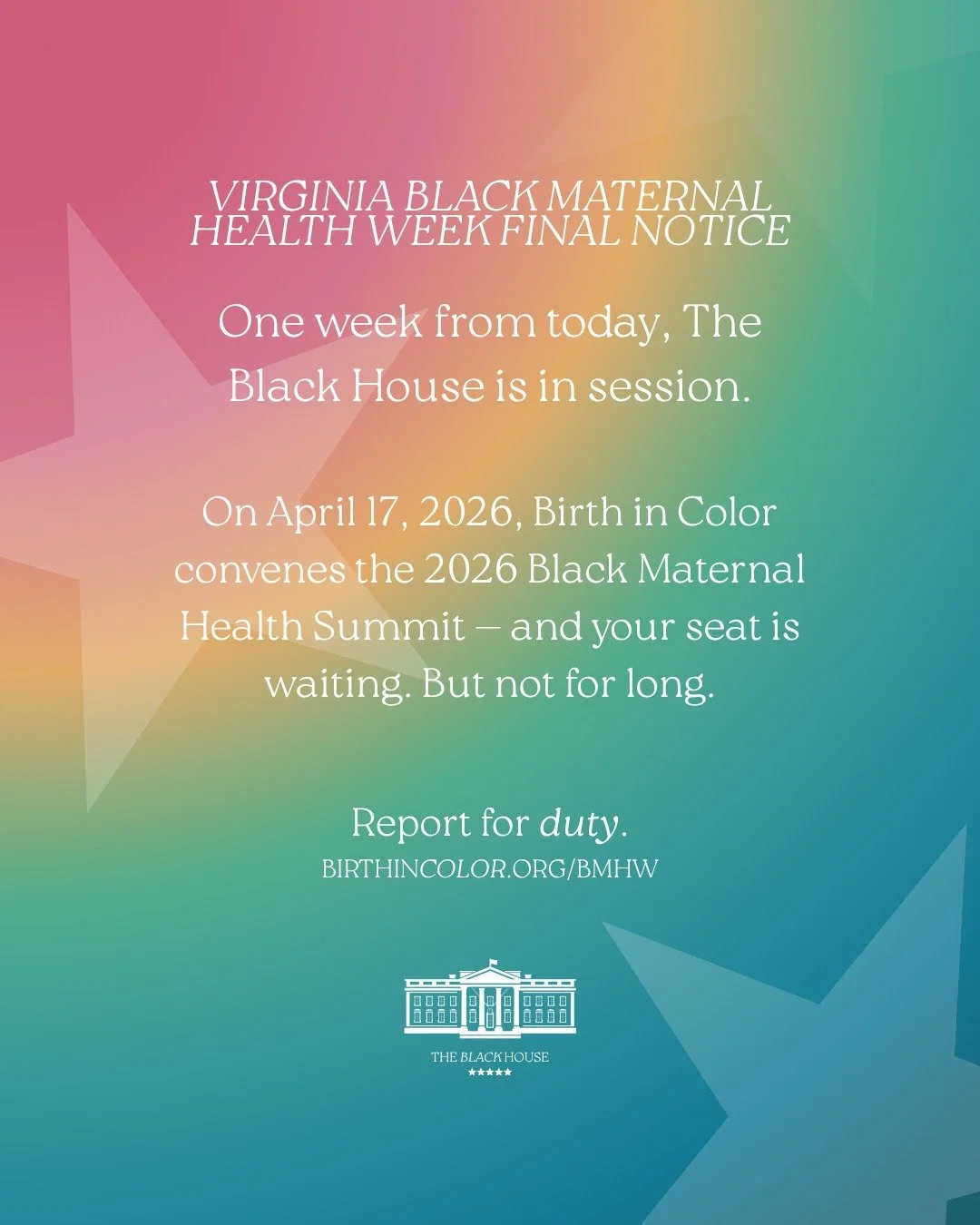 🚨 VIRGINIA. THE BLACK HOUSE IS CALLING.

One week. Seven events. One mission. 🤎

Black Maternal Health Week is HERE &mdash; and Birth in Color is pulling up to communities across the state to fight for Black birthing people, celebrate our families,