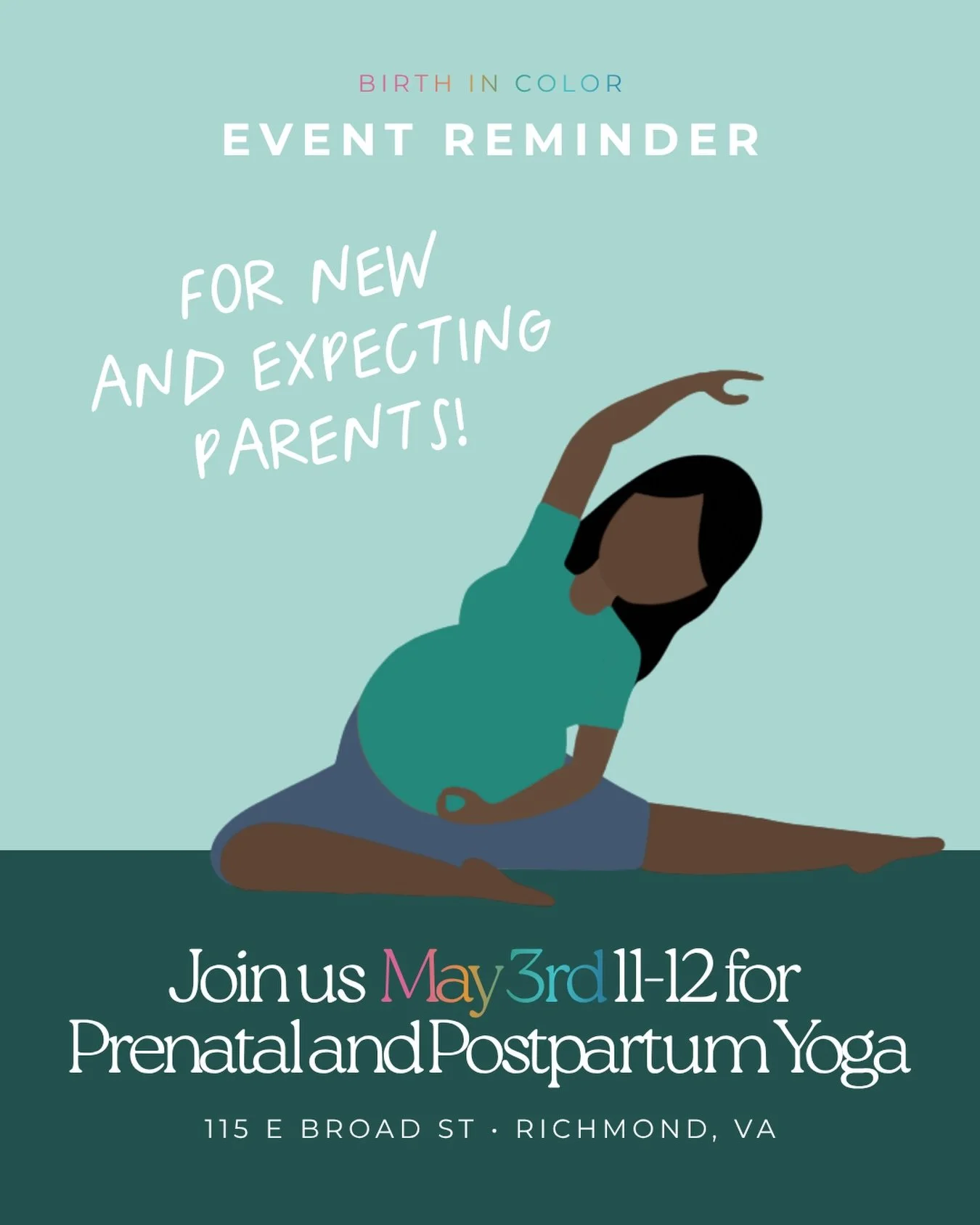 THIS SUNDAY🔗 http://birthincolor.org/yogarsvp
May 3rd | 11AM&ndash;12PM | Richmond, VA 💛

Whether you&rsquo;re growing a little one or navigating those tender postpartum weeks, this yoga class was made with you in mind. 🤎

What to expect: 
🧘🏾 Ge