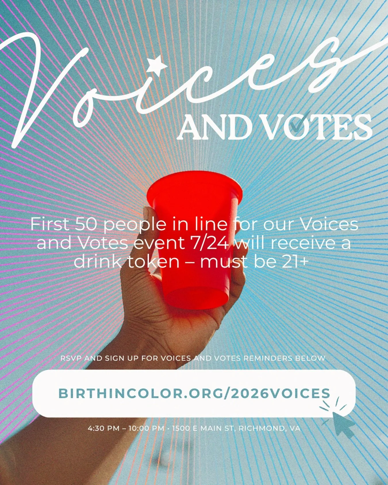 First 50 people, first served. 👏🏽

We&rsquo;re turning up for civic duty at Voices and Votes &mdash; and if you&rsquo;re one of the first 50 in line, your first drink is on us. 🥂

RSVP so you don&rsquo;t miss any updates: 
🔗 https://birthincolor.