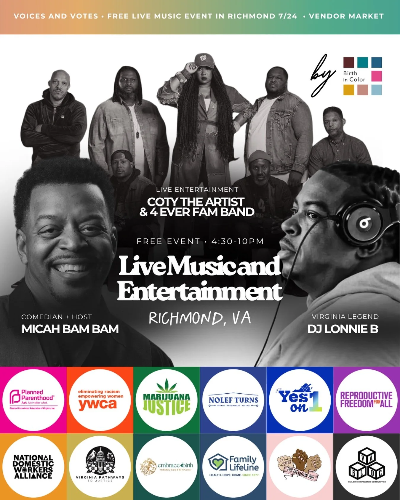 Join @birthincolor for an exciting music lineup this weekend!

⭐️ Coty the Artist &amp; 4Ever Fam Band are bringing live music and real energy all night. Comedian Micah Bam Bam is hosting &mdash; quick wit, big laughs, keeping things moving. 

And of