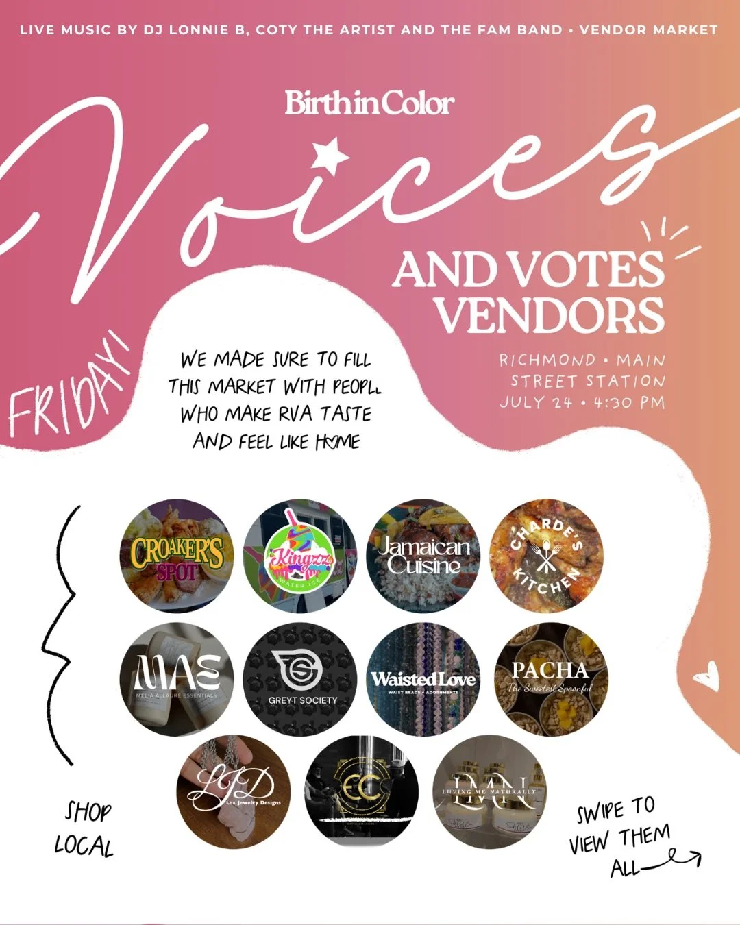 🍽️ Follow @birthincolor for updates on everything happening this Friday!

Our vendor market is STACKED with Black-owned food trucks and POC-owned businesses making RVA taste &mdash; and feel &mdash; like home :-)

Including: Croaker&rsquo;s Spot, Ki