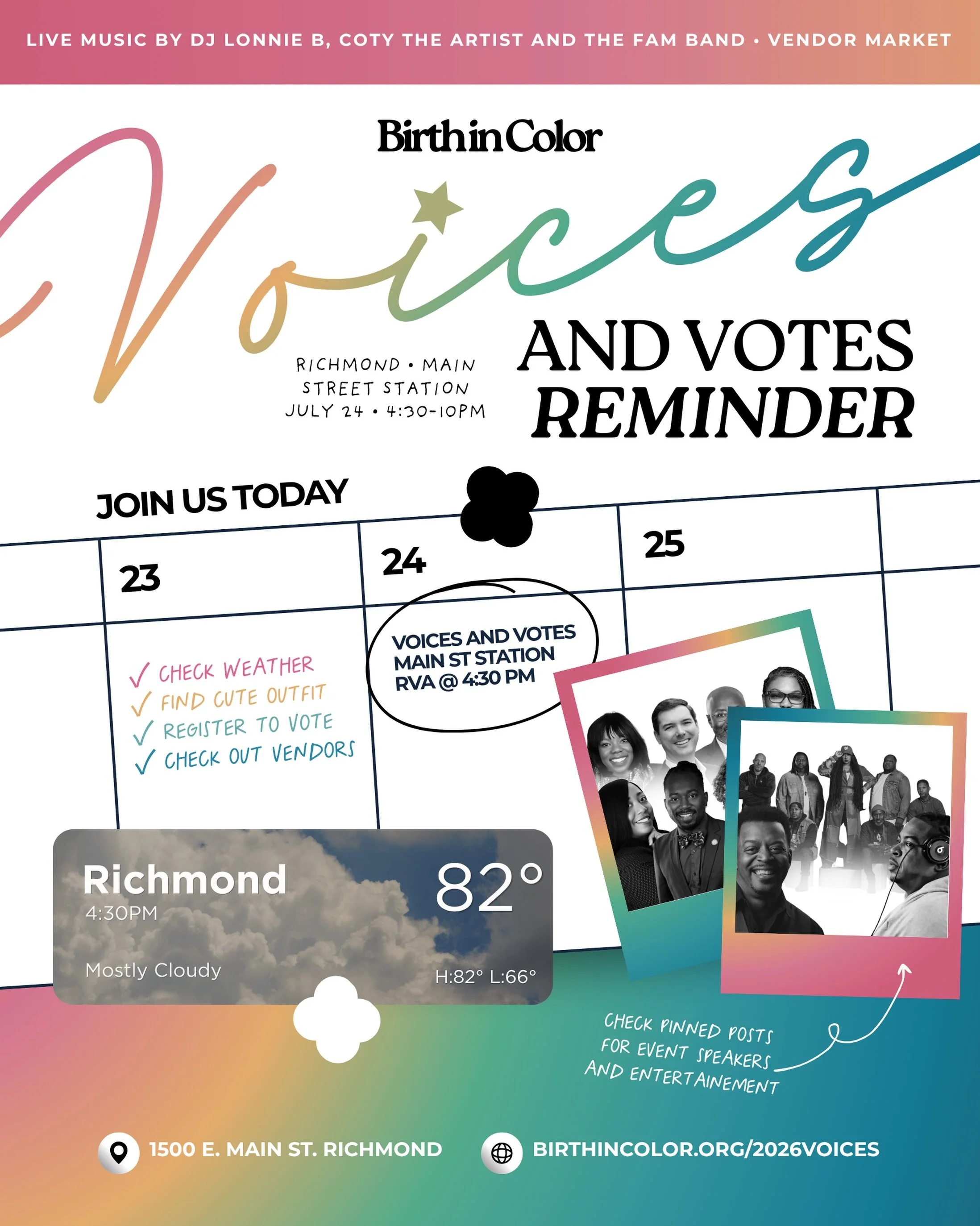 ⭐️ Voices and Votes starts SOON &mdash; well, in a few hours &mdash; at Main Street Station :)

Weather&rsquo;s looking good (82&deg; and mostly cloudy), so grab your outfit and let&rsquo;s go.

TODAY&rsquo;S CHECKLIST ✅ Register to vote ✅ Check out 