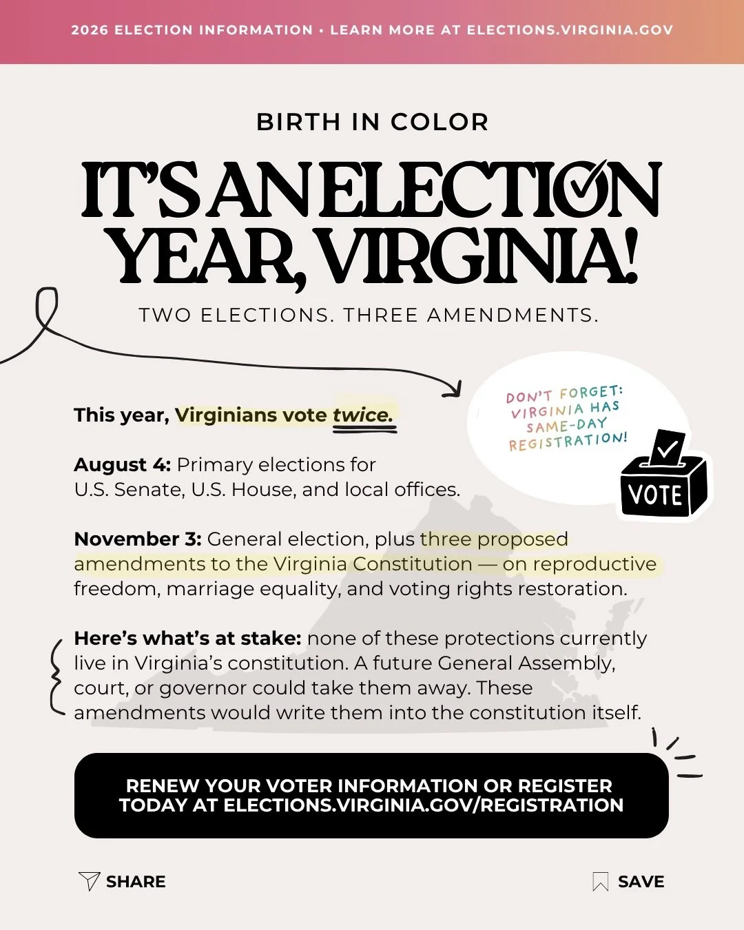 ⏰ 100 days until Election Day, Virginia! 
Here&rsquo;s what you need to know:

1️⃣ Register or renew at: 
🔗 http://elections.virginia.gov/registration

🗓️ Key Dates
✔ Primary: August 4, 2026
✔ General: November 3, 2026
✔ Register/update by: October
