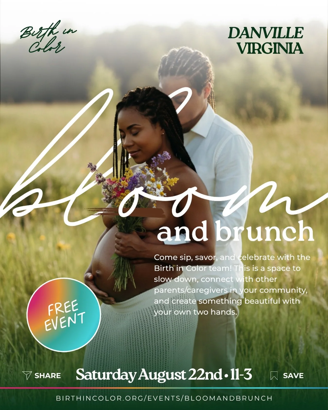 DANVILLE &bull;Join us today 11am&ndash;3pm! 🌸

📍127 Cedar Place, Danville, VA

On the menu: brunch, bouquet-making, one big room full of real folks + community, PLUS a healthy dose of not performing ;-)

🔗 RSVP: 
https://birthincolor.org/events/b