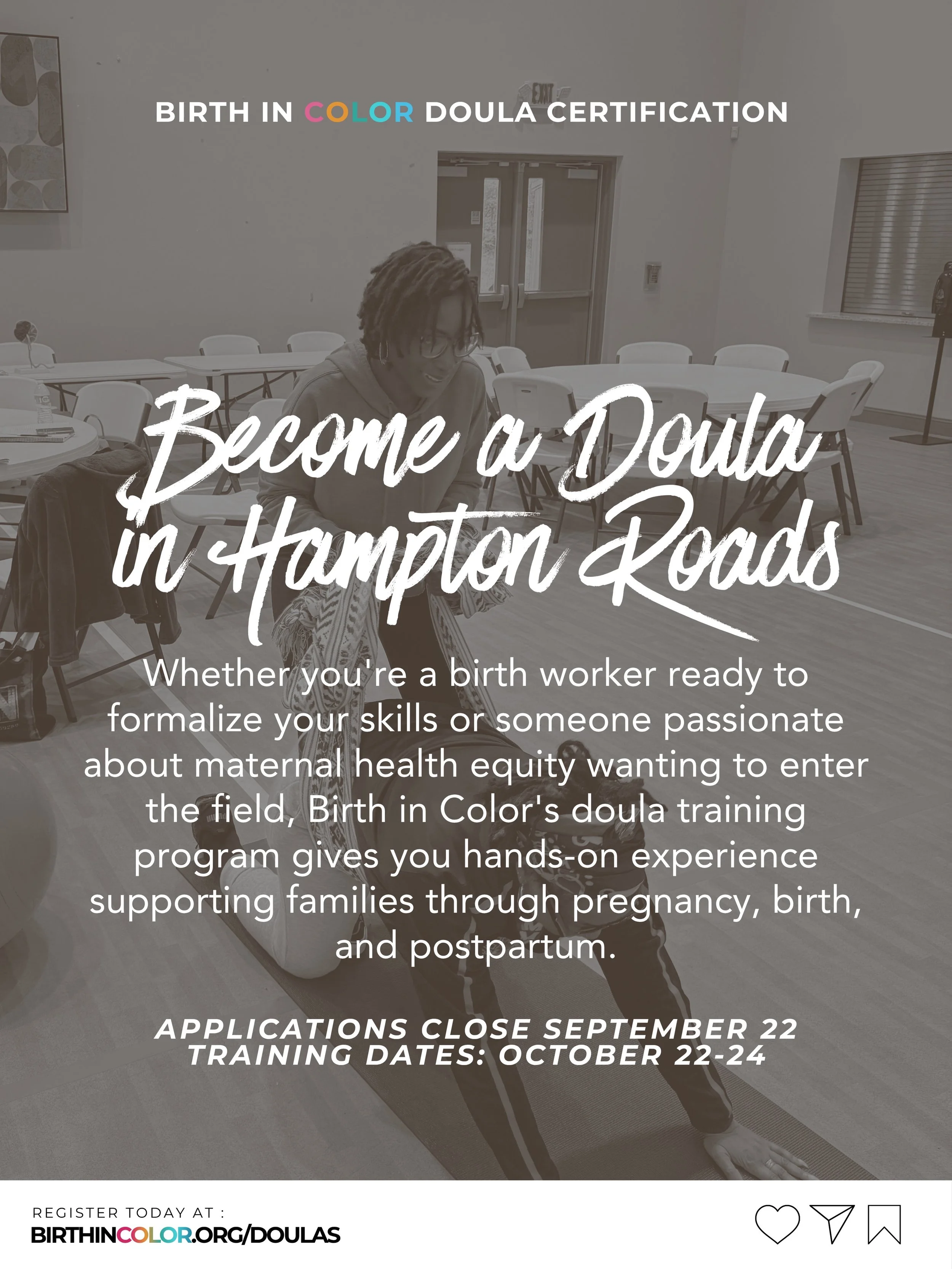 Interviews are starting soon, Hampton Roads! 

🔗 Apply: https://birthincolor.org/doulas

📋 Applications close:
September 22nd

🌸 Training: 
October 22&ndash;24&nbsp;

Maybe you&rsquo;re a birth worker looking to formalize your skills. Maybe you ca