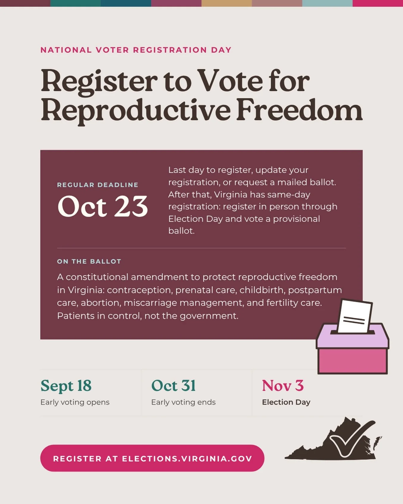➡️ This November, Virginians will have the chance to protect reproductive freedom in our state constitution! This is MAJOR, so major sure to tell your friends to vote this year!

ABOUT THE BALLOT MEASURE:
The ballot measure protects the freedom to ma