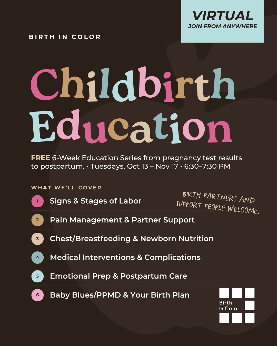 🌈 𝗧𝗢𝗠𝗢𝗥𝗥𝗢𝗪: Childbirth Ed is back!

Six free Tuesdays with birthworkers who care, families going through the same thing, and zero judgment for that question you&rsquo;ve been too nervous to ask.

Bring your partner, your mama, your bestie&he