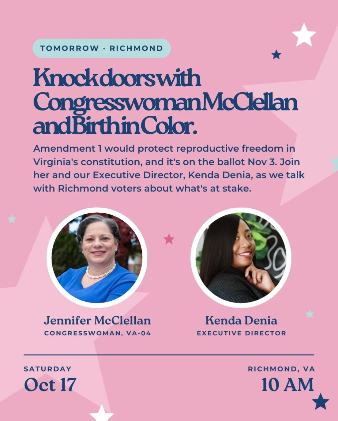 🚨 TOMORROW, RVA! Congresswoman Jennifer McClellan is knocking doors with us. 🤎

Saturday, Oct 17
10 AM | Richmond, VA 🗳️

Sign up now:
🔗 birthincolor.org/events

Last weekend our crew hit the doors in Norfolk. 

Reproductive freedom is on the bal