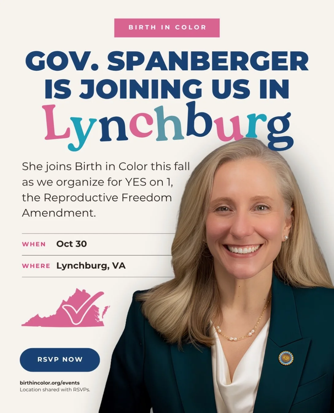 ✅ Gov. Spanberger is joining @BirthinColor in Lynchburg as we organize for YES on 1, the Reproductive Freedom Amendment.

RSVP FOR DETAILS: 
🔗 birthincolor.org/events

🗓️ Fri, Oct 30 &bull; 11:30 AM 
📍 Lynchburg, VA 
(location shared with RSVPs)

