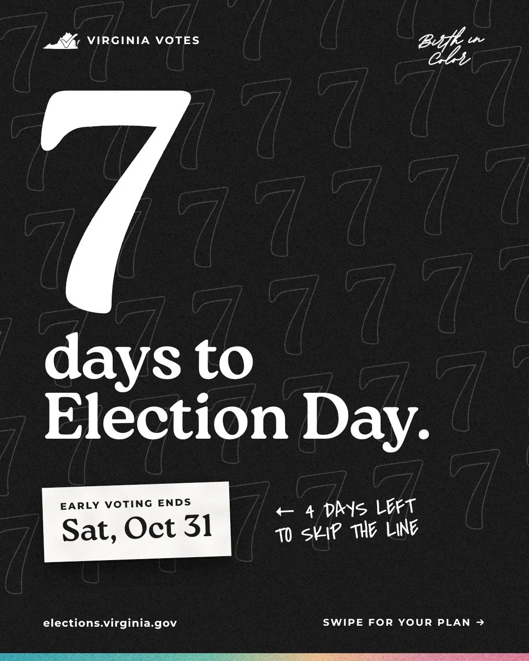 Don&rsquo;t like the state of the world? 𝗩𝗼𝘁𝗲 𝗳𝗼𝗿 𝗮 𝗯𝗲𝘁𝘁𝗲𝗿 𝗼𝗻𝗲. 

━━━━━━━━━━━━ 
● Early voting ends 
&rarr; 𝗦𝗮𝘁𝘂𝗿𝗱𝗮𝘆, 𝗢𝗰𝘁 𝟯𝟭 

● Election Day 
&rarr; 𝗧𝘂𝗲𝘀𝗱𝗮𝘆, 𝗡𝗼𝘃 𝟯, 6am&ndash;7pm 

● Bring your ID 

● Not reg
