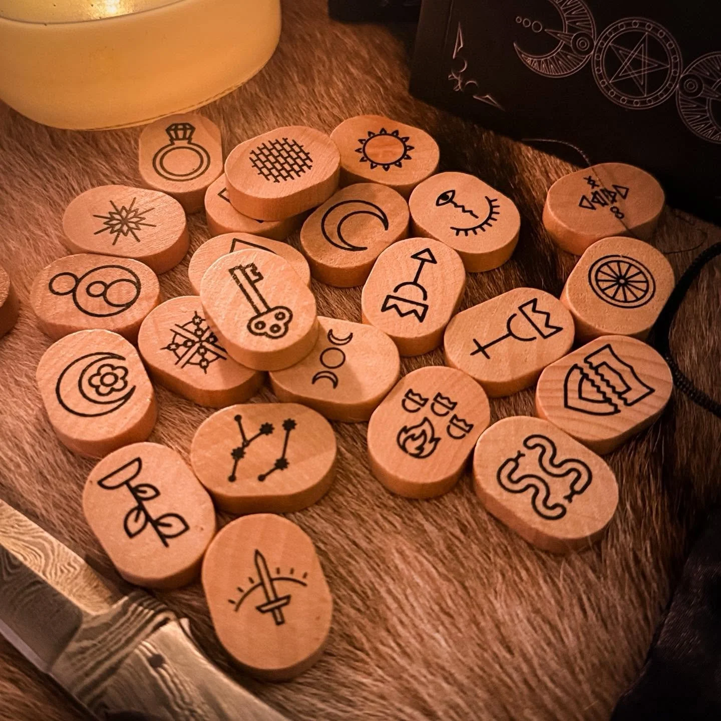 Witch Runes: wooden rune discs with witch symbols on fur