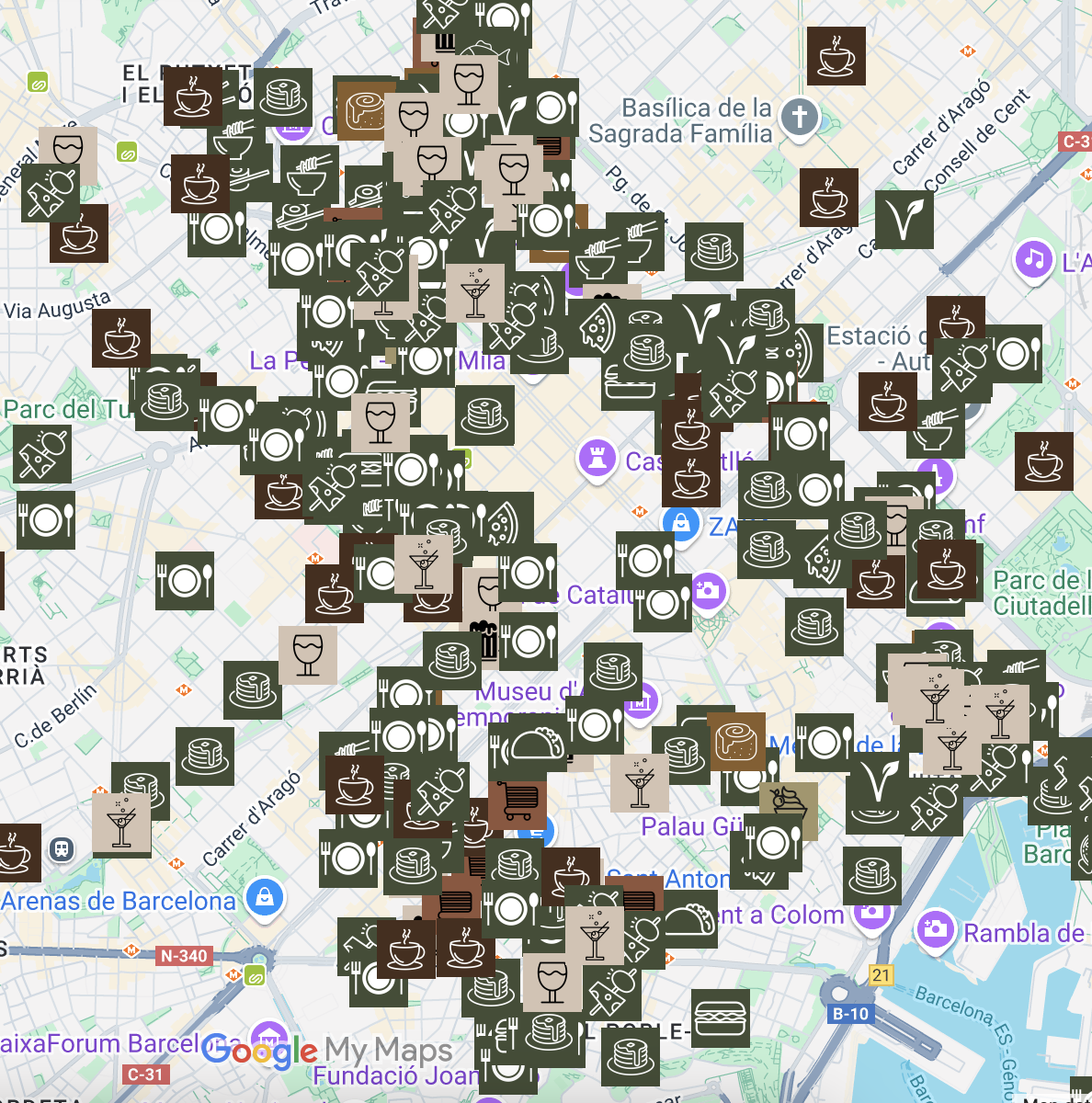 Map of Barcelona with numerous icons representing restaurants, cafes, and food establishments.