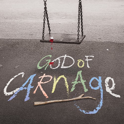 A picture of God of Carnage logo. There’s a playground surface with a title with multi colored fonts that reads, “The God of Carnage” on the ground with a stick. There is also a swing with a paint stain on it.