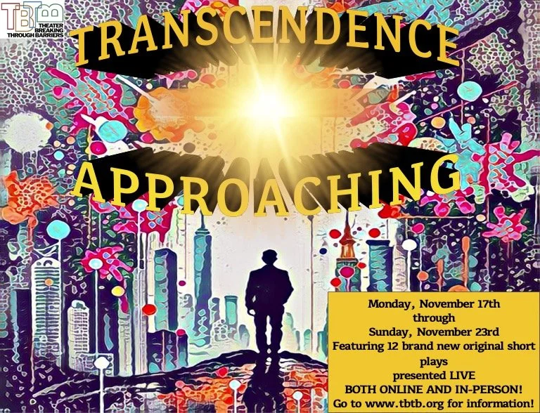 A silhouette of a person walking towards a bright light above a futuristic cityscape with colorful abstract patterns and the words TRANSCENDENCE APPROACHING. Additionally there is info about the dates for this event.