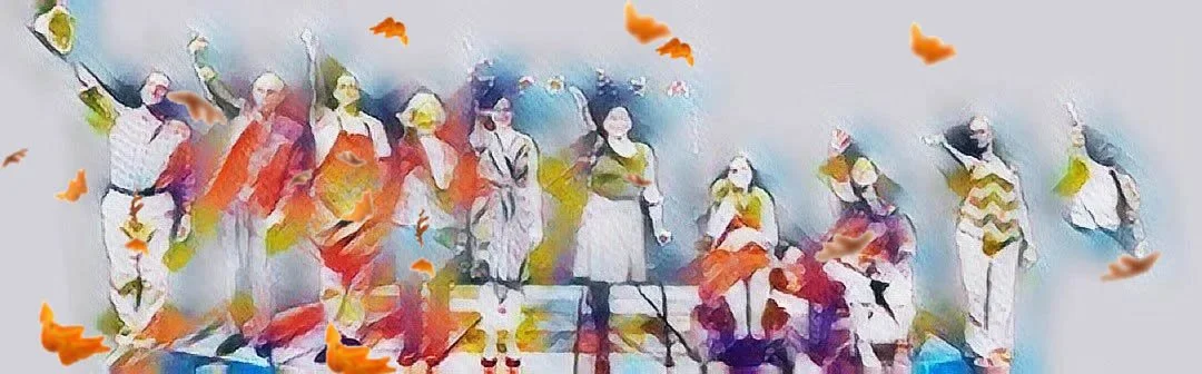 10 actors, doing a curtain call on stage. One man has a cane, a woman is on crutches, and two other women are in wheelchairs with a multi-colored filter and falling leaves in the foreground.