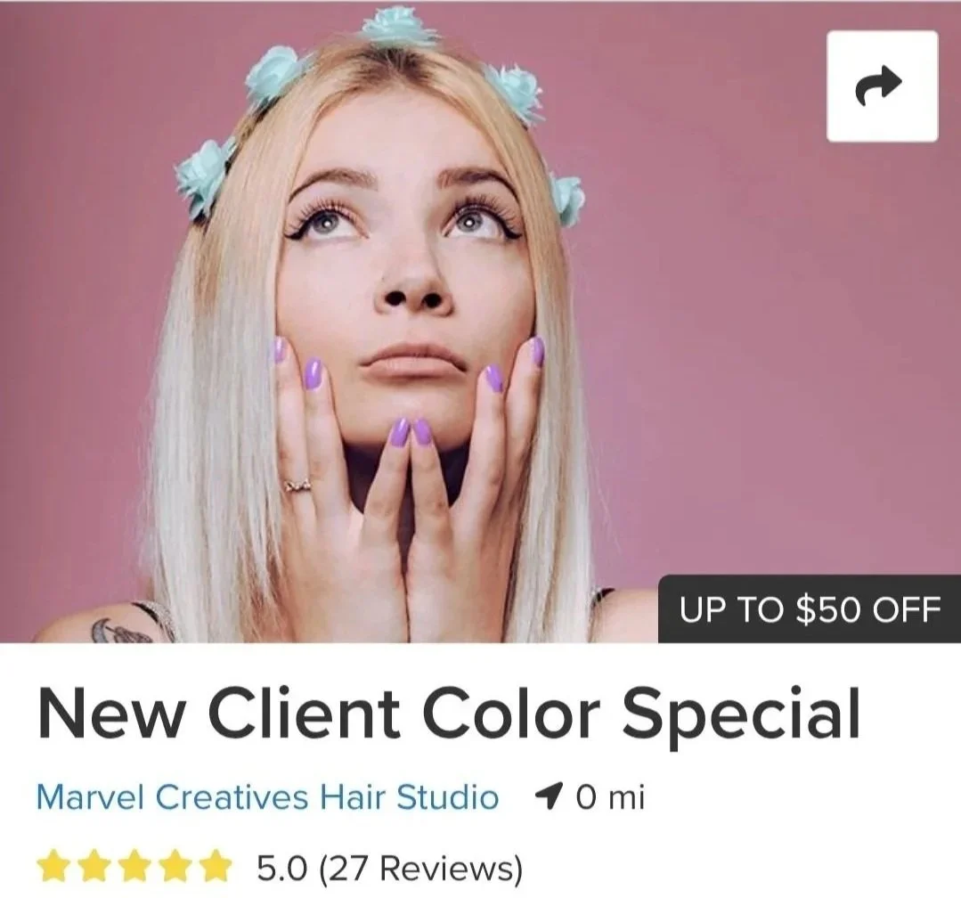 New Client Color Special for Natural Hair including Curly Hair for Women, Men and Children.  Discount includes, Highlights, Rezolites, Balayage, Ombre, Color Melts, Pop Colors, and Babylites.  Specializing in DevaCurl, Rezo, Marvel and Vidal Sassoon