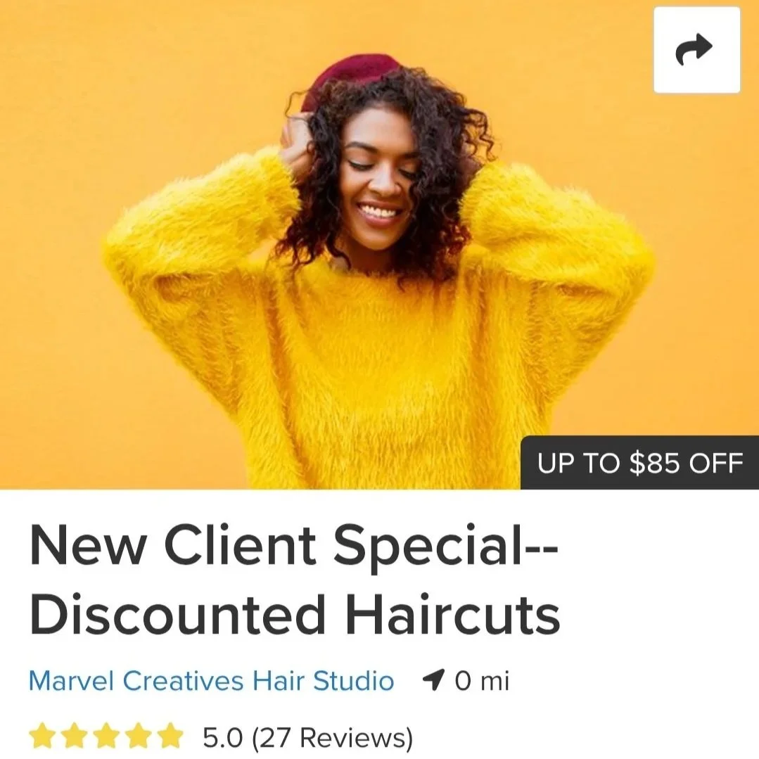 New Client Dry Haircut Discounts for Natural Hair Specializing in MarvelCuts, DevaCuts, RezoCuts and precision haircutting.