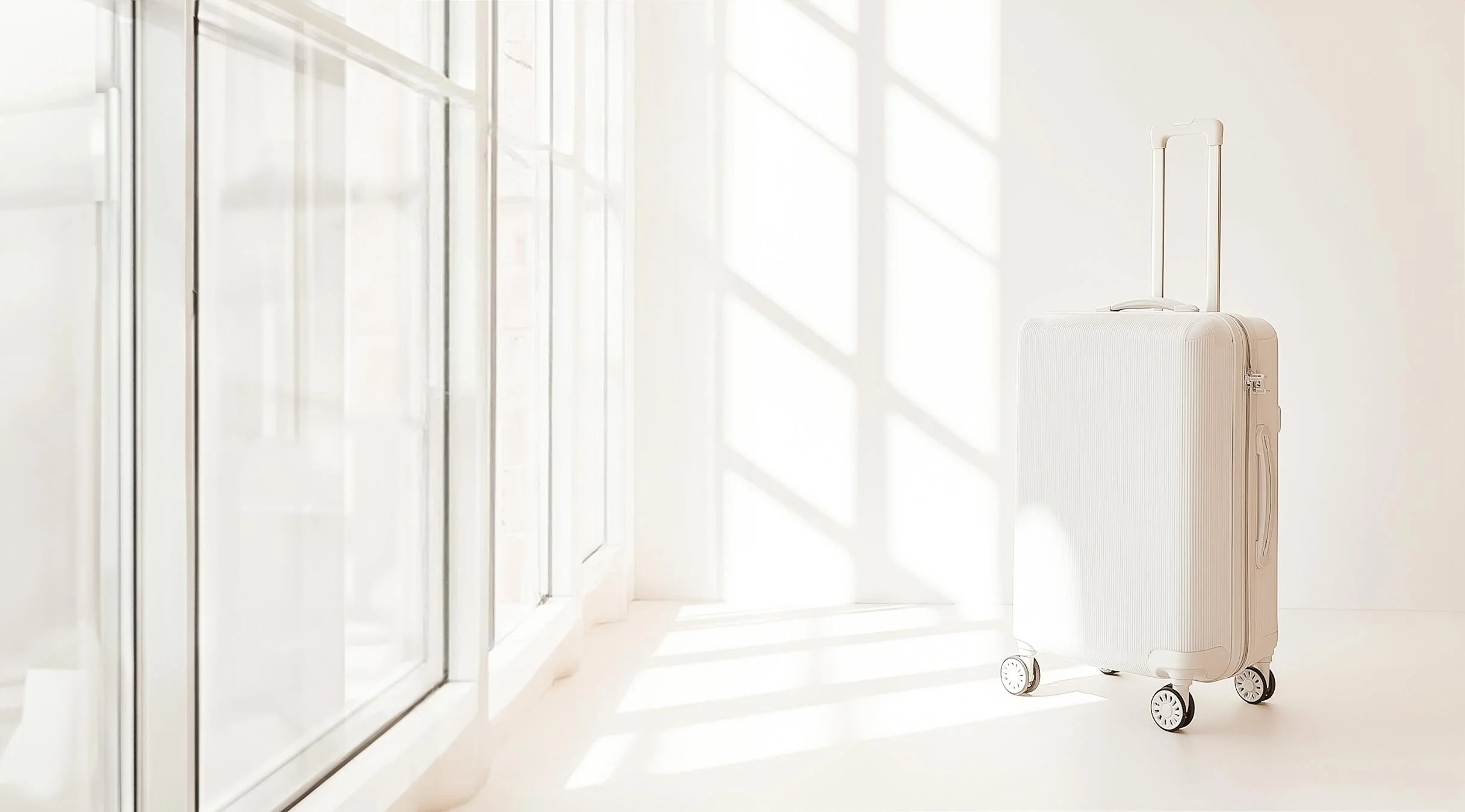 A white suitcase on four black and white wheels stands upright near a bright window casting shadows on a white wall and floor.