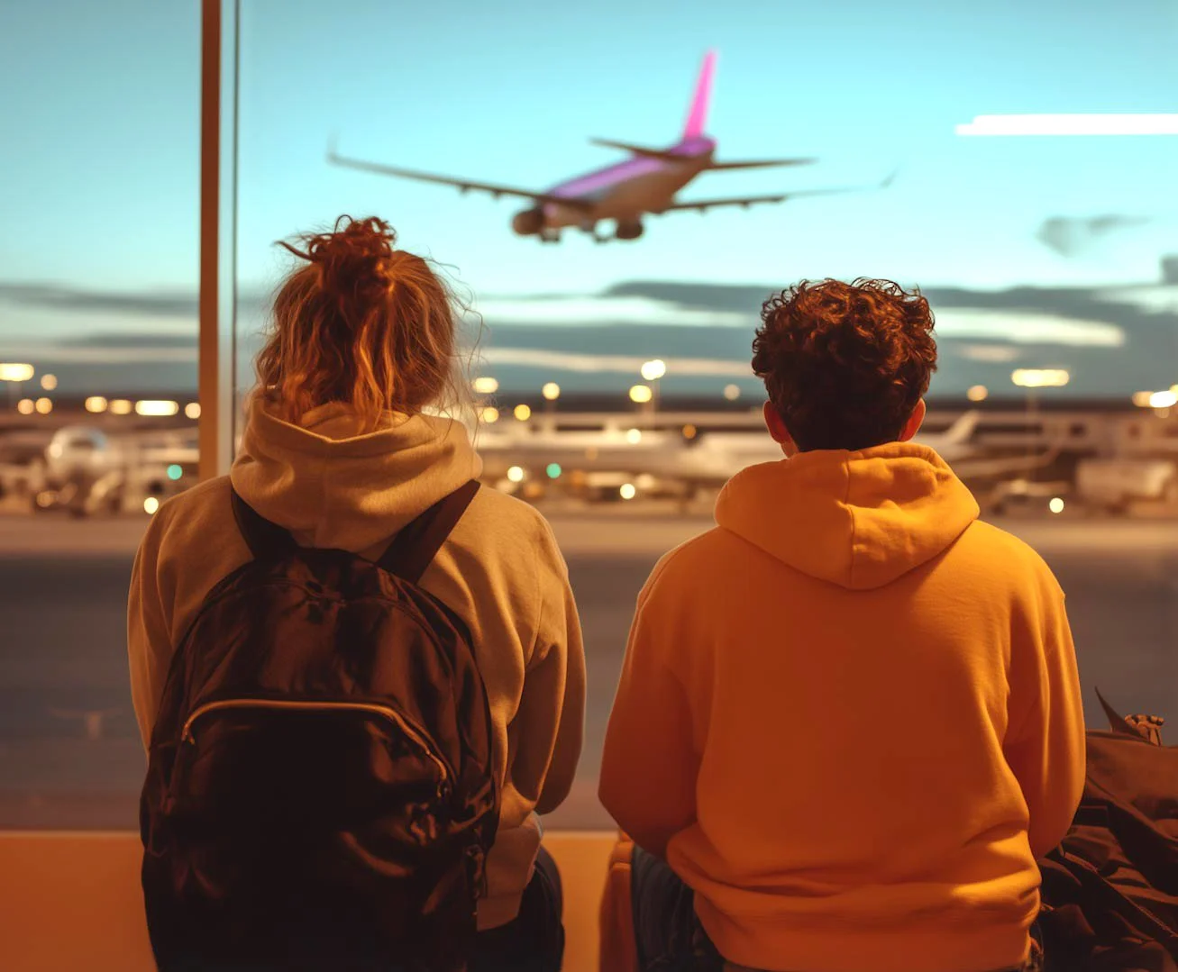 Two people sitting and watching airplanes take off or land at an airport through a large window at dusk.