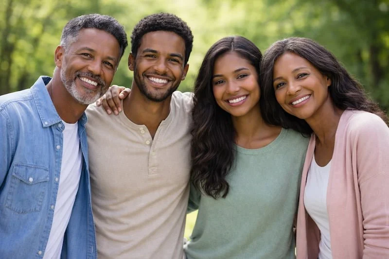 a family of four at the park smiling
