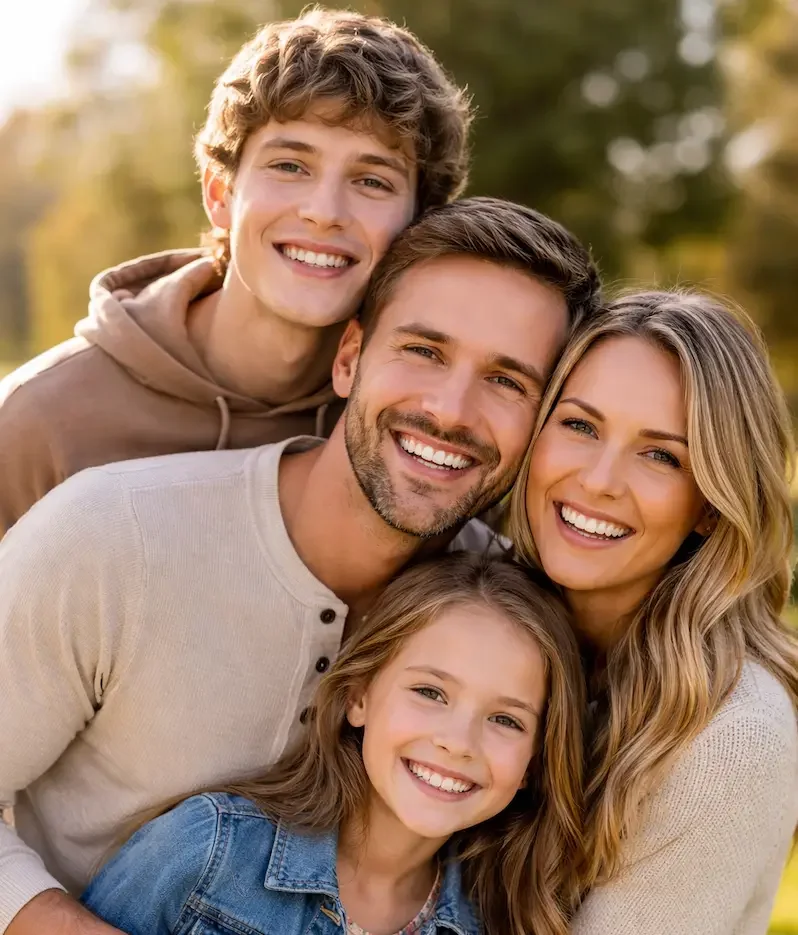 A family of four smiling