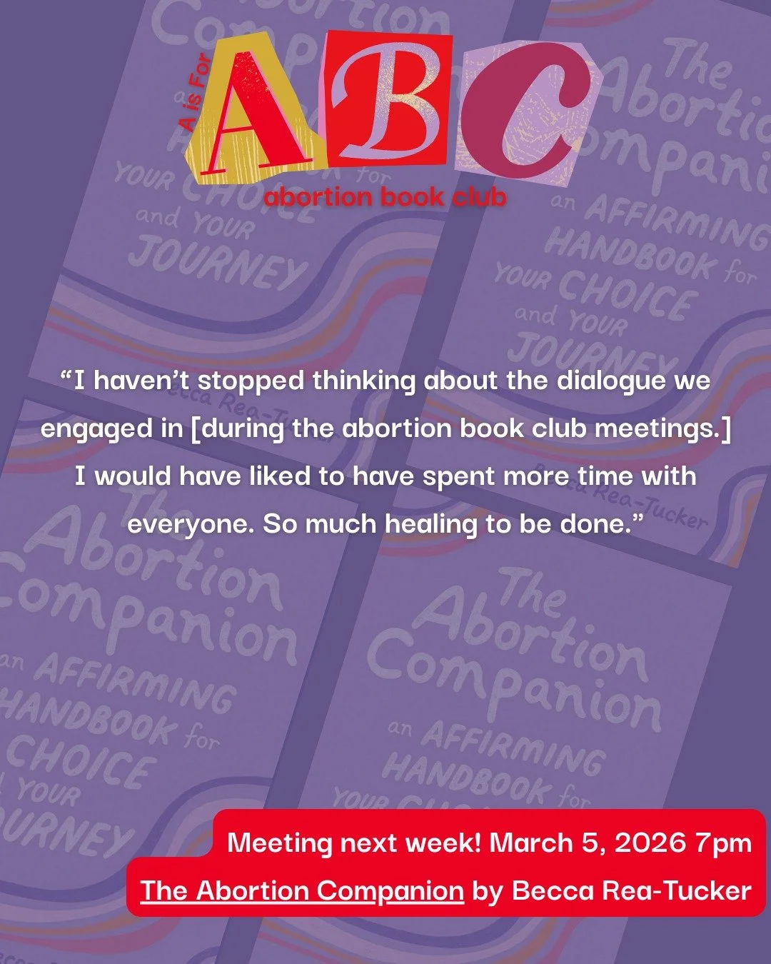 Come be a part of the discussion at our next Abortion Book Club meeting! We will be meeting virtually next Thursday, March 5, at 7pm EST. We will be joined by author, Becca Rea-Tucker @thesweetfeminist ! If you haven't already, you can grab the book 
