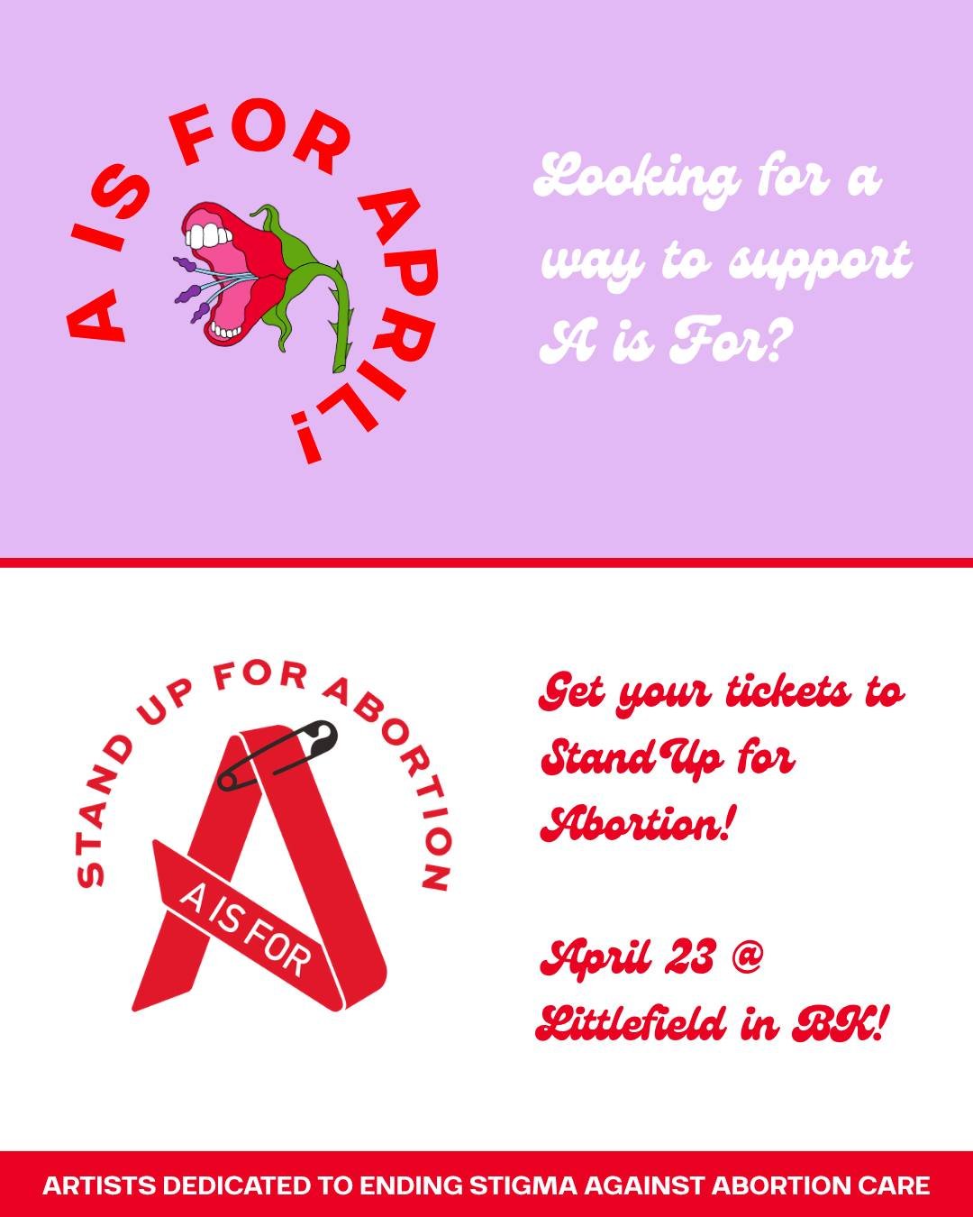 Looking for another way to support A is For this month? Come out to 'Stand Up for Abortion' happening on April 23, at Littlefield in Brooklyn, NY @littlefieldnyc 

Hosted by Emily Flake @eflakeagogo (New Yorker cartoonist, writer, comic, and owner of
