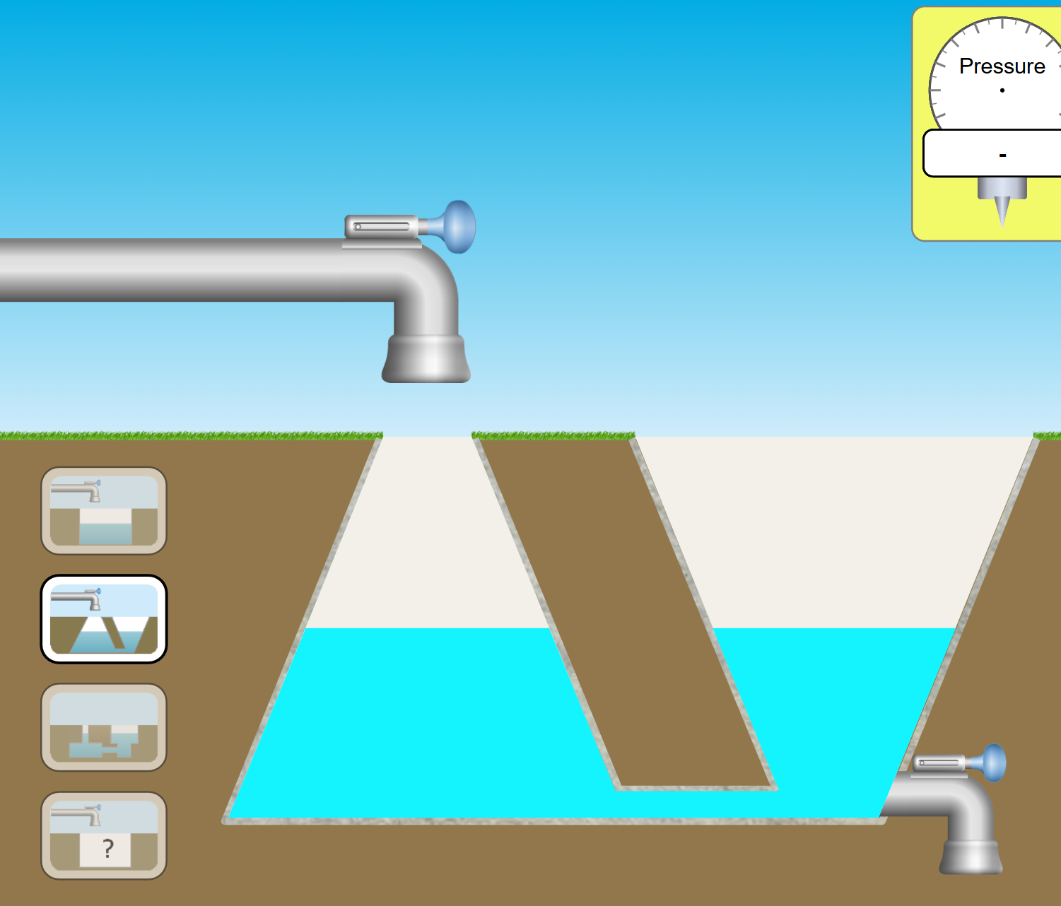 a picture of the phet simulation. a water spigot above two containers with sloped walls and a pressure meter