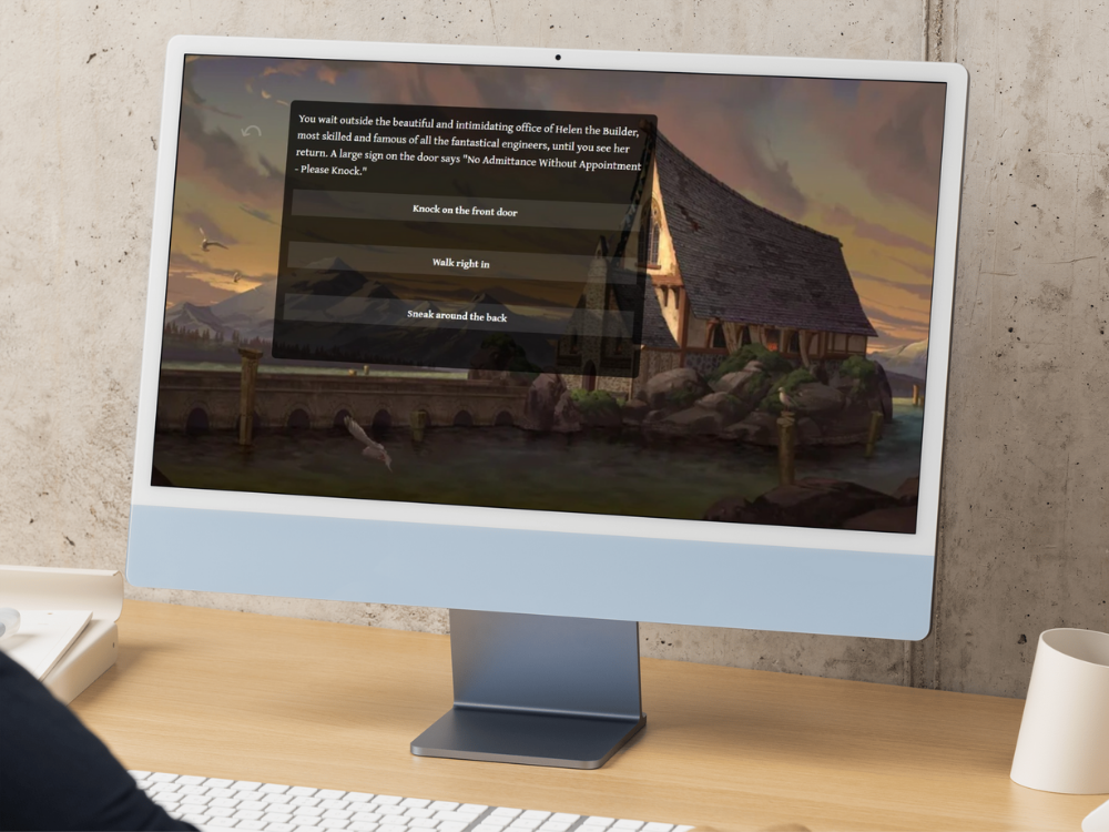 computer with illustrated game and text on screen