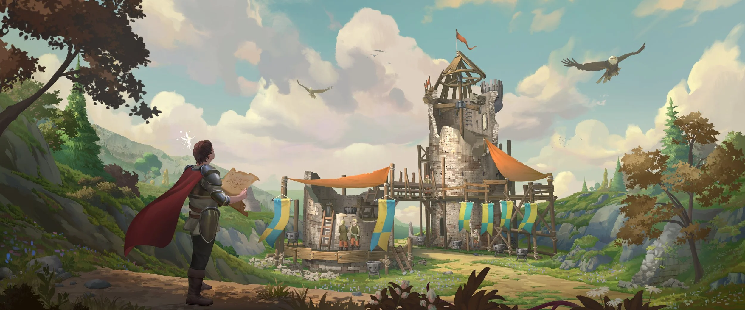 knight looks at medieval tower