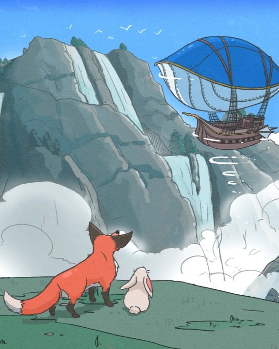 adorable image of a fox and a bunny staring at a zeppelin flying by