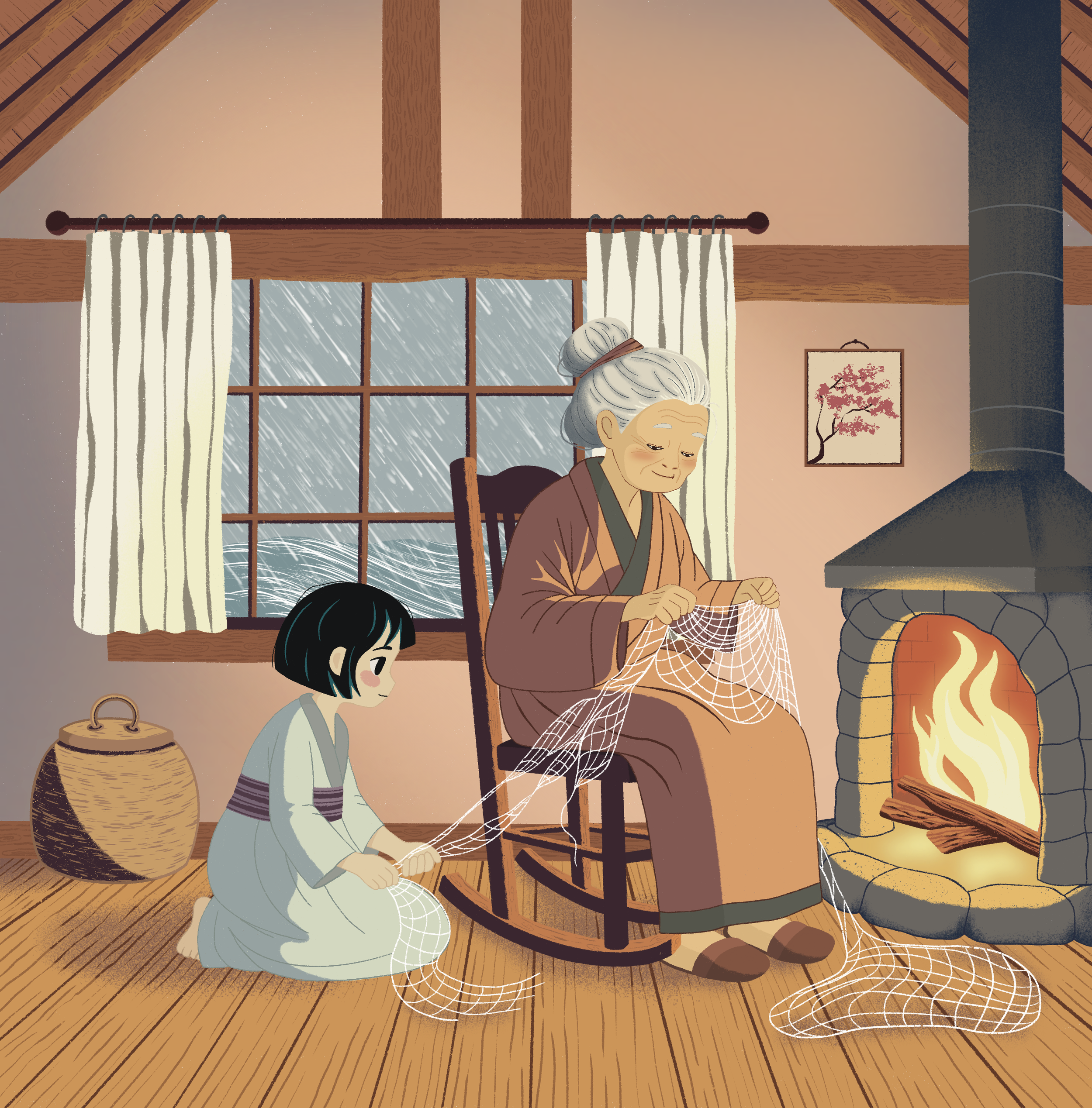 a girl and her grandmother sit by the fire, repairing netting