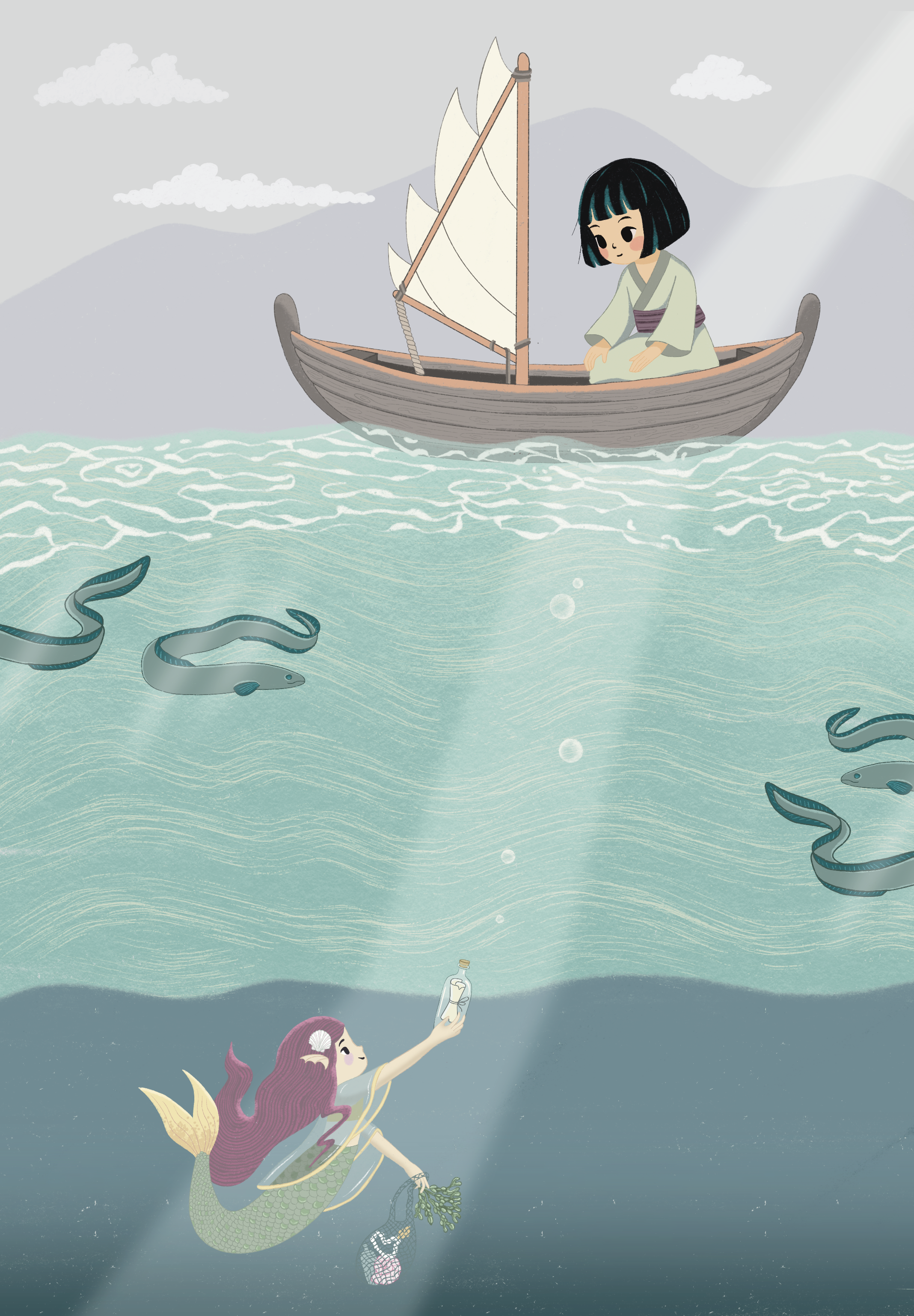 a picture of a girl sending a message in a bottle to a mermaid