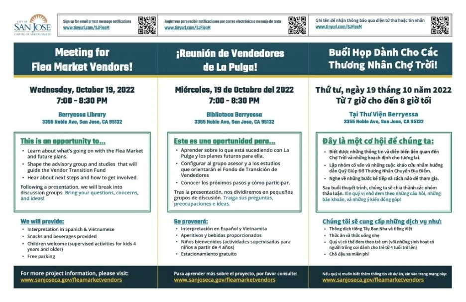 Outreach materials in English, Spanish, and Vietnamese