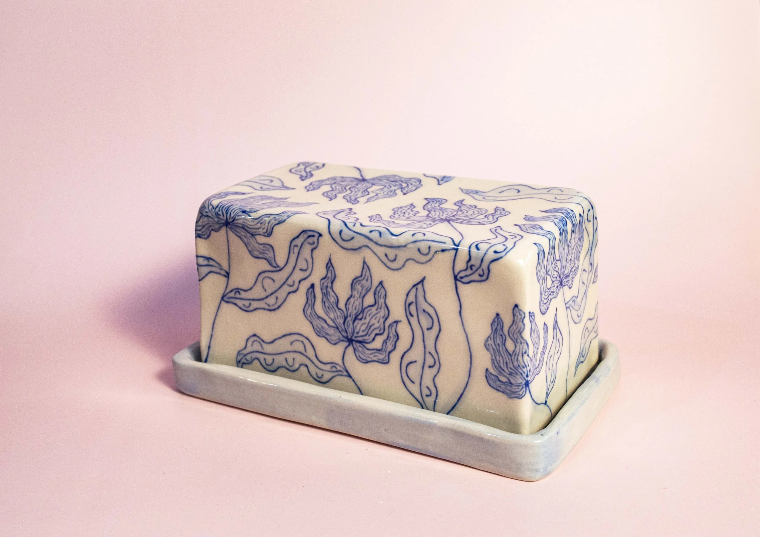 Handmade Blue Floral Ceramic Butter Dish