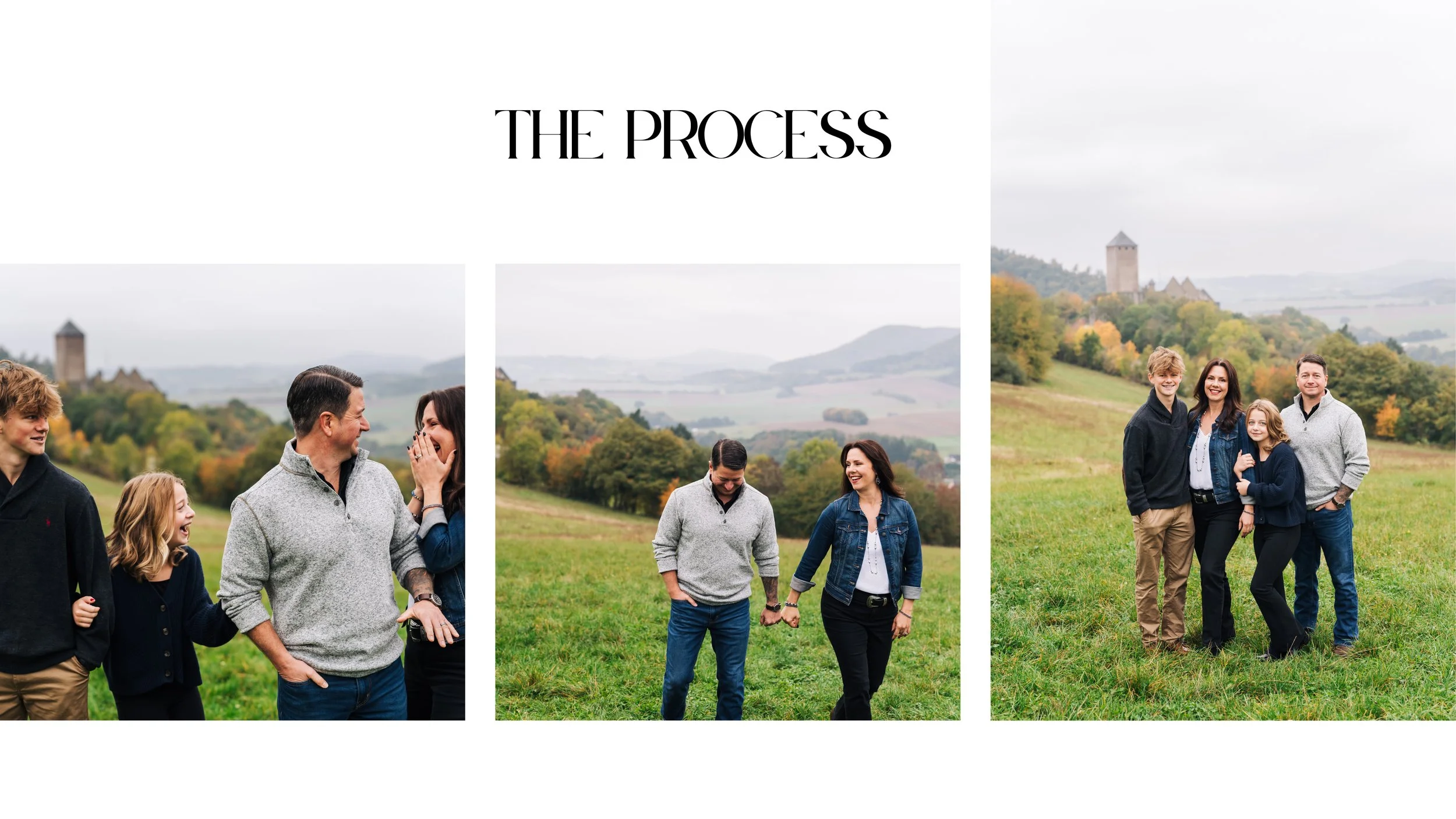 Sequence of three photos showing a family walking in a park with a castle in the background, enjoying conversations, holding hands, and smiling.