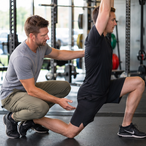 Darren McConaghy  assisting a man with a stretching exercise in a gym.