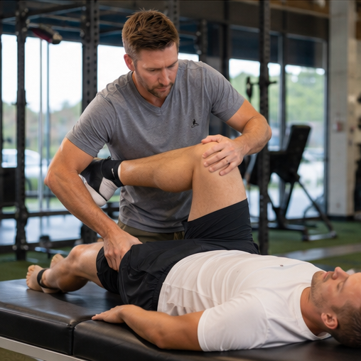 Darren McConaghy  assisting a man with leg exercises on a treatment table in a gym.