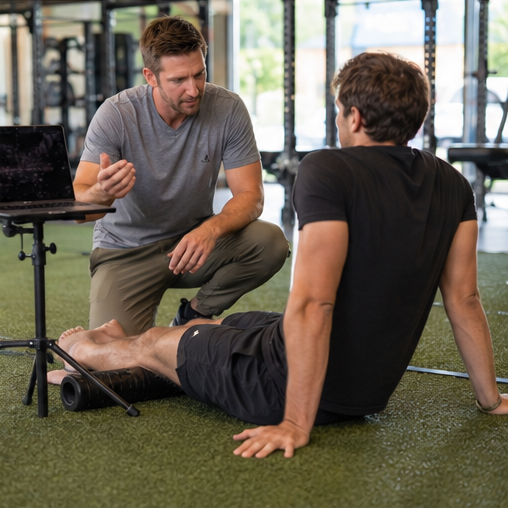 Darren McConaghy coaching a man during a fitness assessment or training session at a gym.