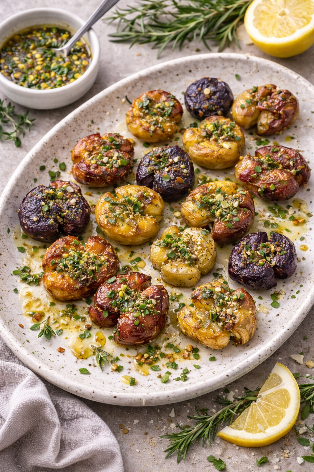 Crispy Smashed Potatoes with Garlic Herb Oil